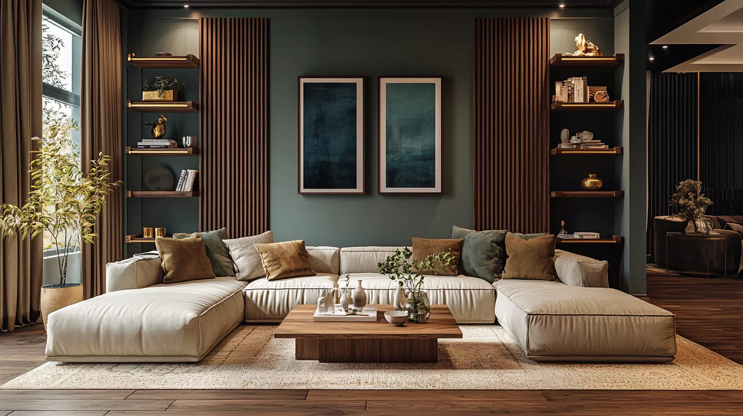 A sophisticated, modern living room | Warm colors and calming blue-green tones A sophisticated, modern living room | Warm colors and calming blue-green tones